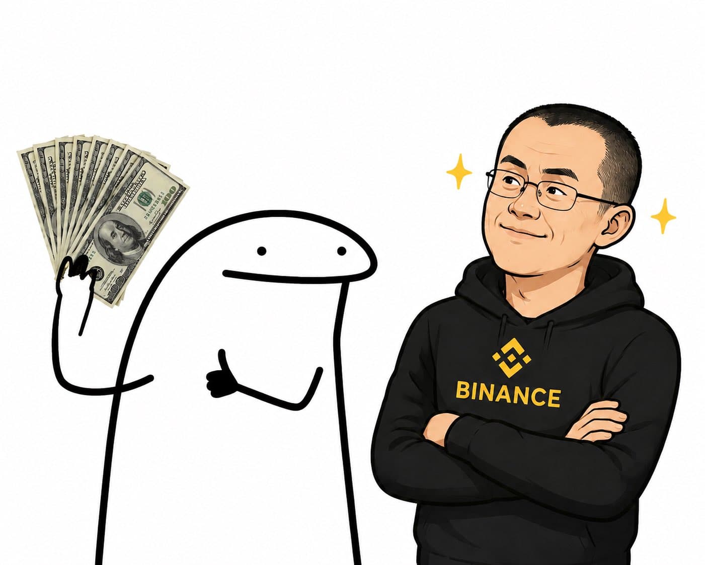 Flork handing cash, standing beside a Binance figure